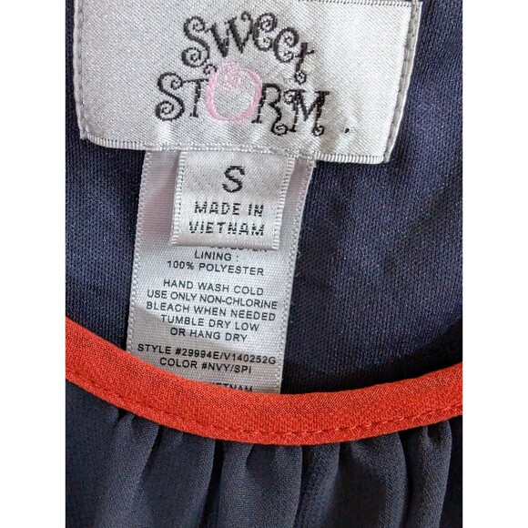 Sweet Storm Dress Peek a Boo Sleeve Navy Orange Detail Womans Size Small - Picture 2 of 16